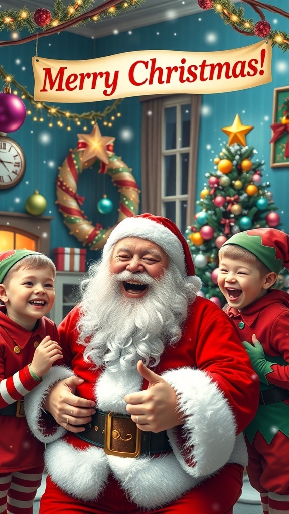A joyful Santa Claus with elves in a festive Christmas setting.
